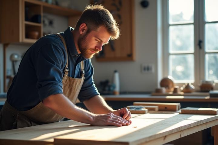 Håndverker som omhyggelig polerer et tremøbel i et lyst norsk verksted