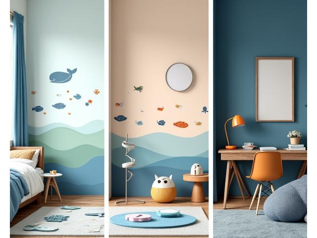 En serie bilder som viser romdesign for ulike aldre: et babyrom med havtema, et toddler-rom med sjømatlek, og et tenåringsrom med sofistikert kyststil.