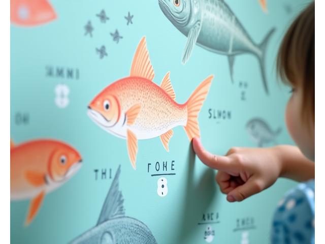 Veggtapet med fargerike fiskearter og tilhørende navn, som et pedagogisk element i et barnerom med marint tema.