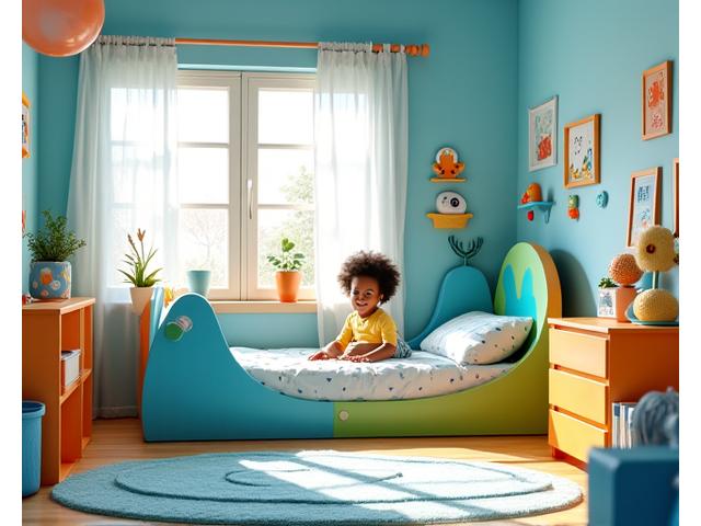 Et livlig barnerom med marint tema, lekne farger og sjødyr-motiv, et barn leker blant møblene.