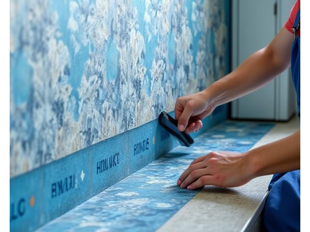 Profesjonell tapetinstallatør som omhyggelig påfører marintapet