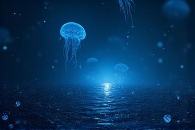 Mørkt dyphavstapet med bioluminescerende skapninger