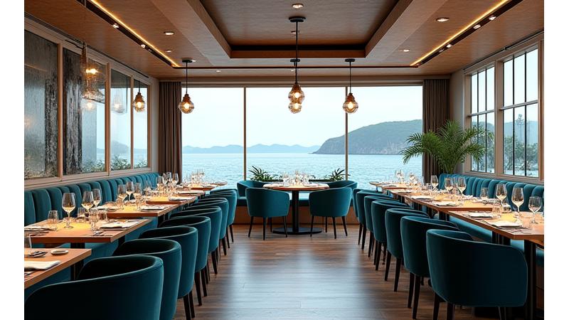 Elegant restaurantinteriør med sjøinspirerte detaljer og behagelig belysning
