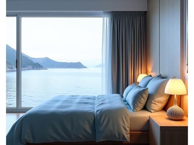 Luksuriøst hotellrom med havutsikt og elegant marineinnredning fra Tang og Tare.