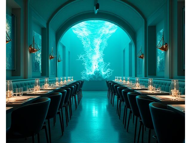 Elegant restaurantinteriør med undervannstema, blått lys og unike Tang og Tare møbler.