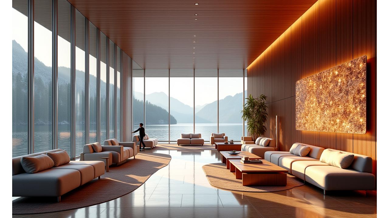 Luksuriøs hotellobby med Tang og Tare marineinnredning, store vinduer mot havet og naturlige materialer.