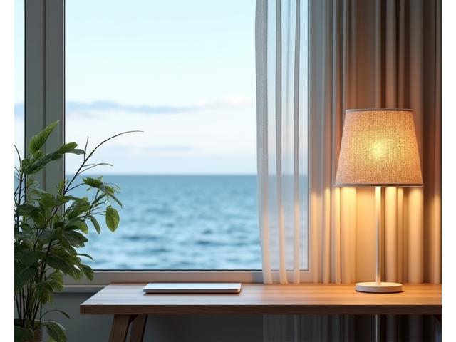 Et lyst og moderne hjemmekontor med fokusert arbeidslys og subtile kystinspirerte detaljer, som en lampeskjerm av resirkulert fiskegarn, som skaper et produktivt og beroligende miljø.