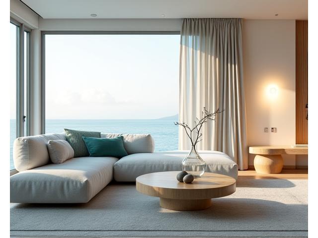 En elegant stue opplyst av varm ambient belysning, med innslag av marine dekor og et mykt lys som skaper en avslappende og innbydende atmosfære.