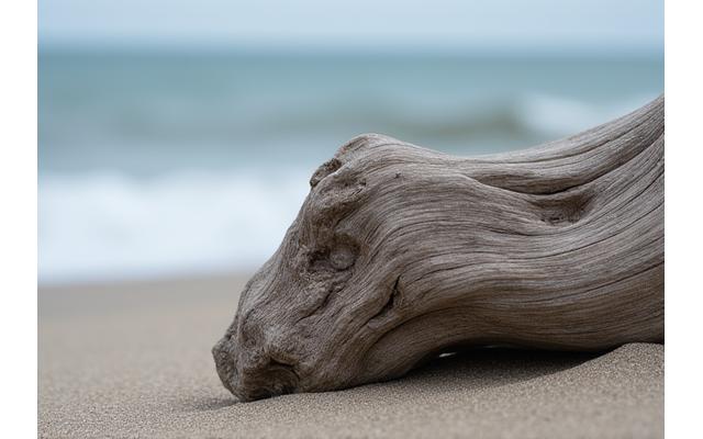 Nærbilde av et vakkert, værbitt stykke drivved med interessante teksturer og fargenyanser, liggende på en sandstrand.
