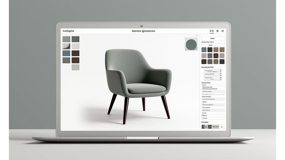 Skjermbilde av en interaktiv møbelkonfigurator som viser en 3D-modell av en stol. Kontroller for fargevalg og materialer er synlige i en sidebar.