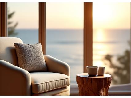 En koselig lesekrok med en komfortabel lenestol i kremfarget tekstil. Et lite sidebord laget av et stykke polert drivved står ved siden av. Et stort vindu viser utsikt til havet.