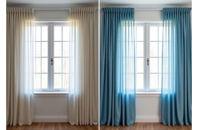 Før og etter bilde av et stuevindu, før med enkle persienner og etter med elegante, marineblå gardiner