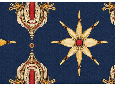 Stoffprøve med nautiske roser og kompass i klassisk marineblått