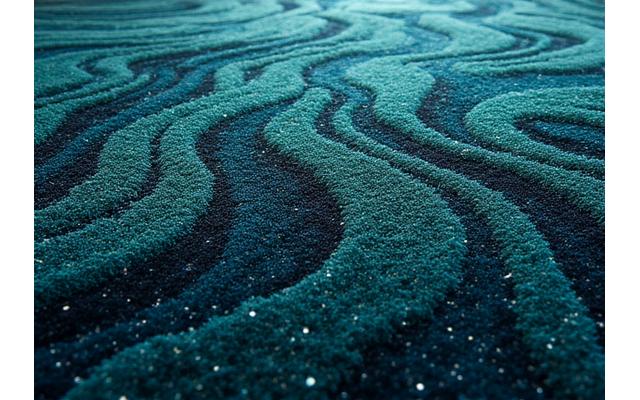 Et dypblått teppe med organiske mønstre som antyder strømmer og dypvannsvegetasjon.